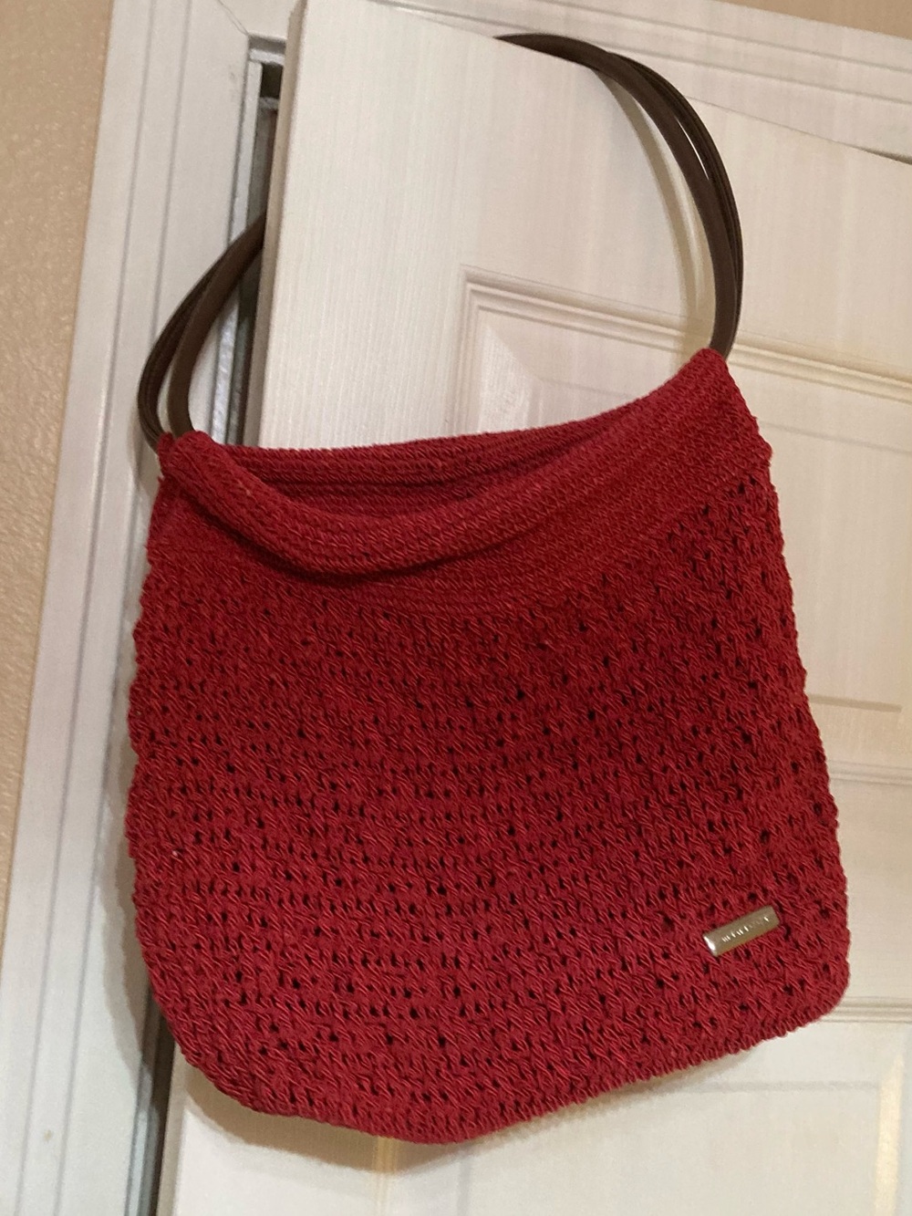 Minicci Red Crocheted Shoulder Bag with Brown Handles